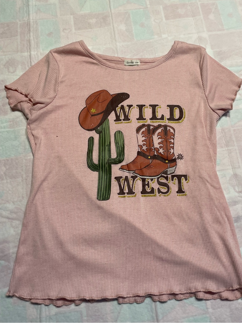 Girls Forever Me Pink Western Ribbed Short Sleeve Tee Shirt